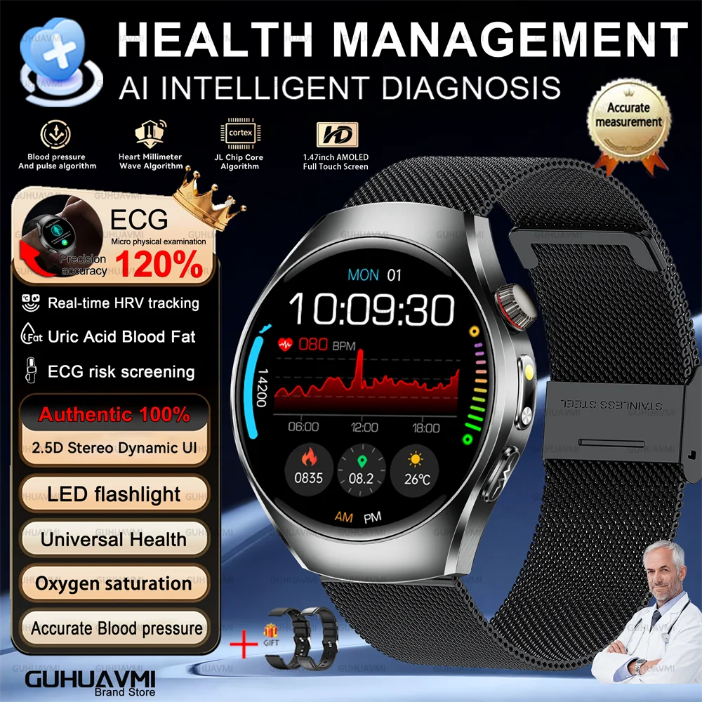 Health Smart Watch Bluetooth Call ECG+PPG BP Uric Acid Lipid 24h Heart Rate