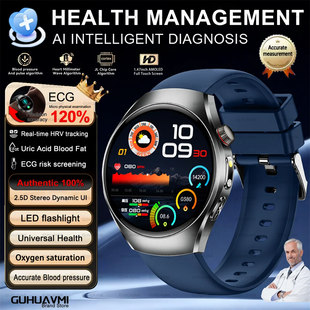 Health Smart Watch Bluetooth Call ECG+PPG BP Uric Acid Lipid 24h Heart Rate