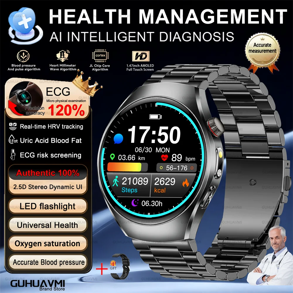 Health Smart Watch Bluetooth Call ECG+PPG BP Uric Acid Lipid 24h Heart Rate
