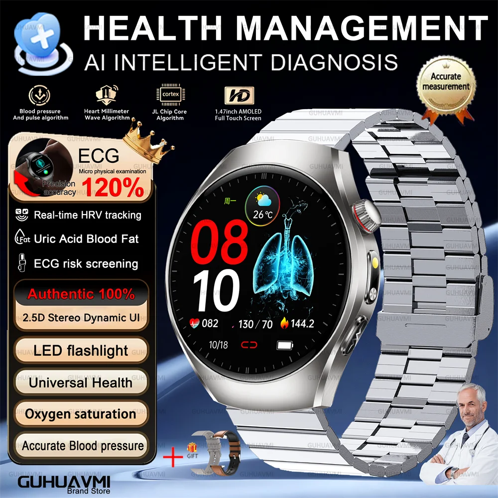 Health Smart Watch Bluetooth Call ECG+PPG BP Uric Acid Lipid 24h Heart Rate