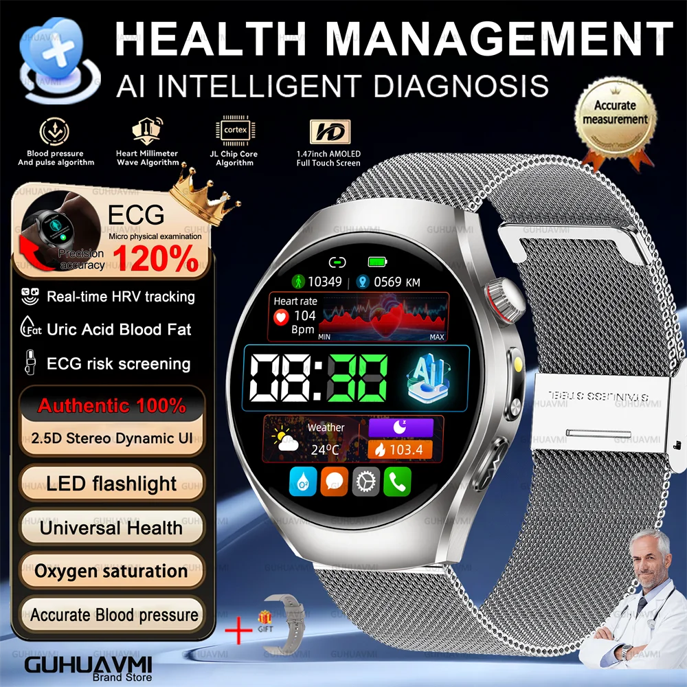 Health Smart Watch Bluetooth Call ECG+PPG BP Uric Acid Lipid 24h Heart Rate
