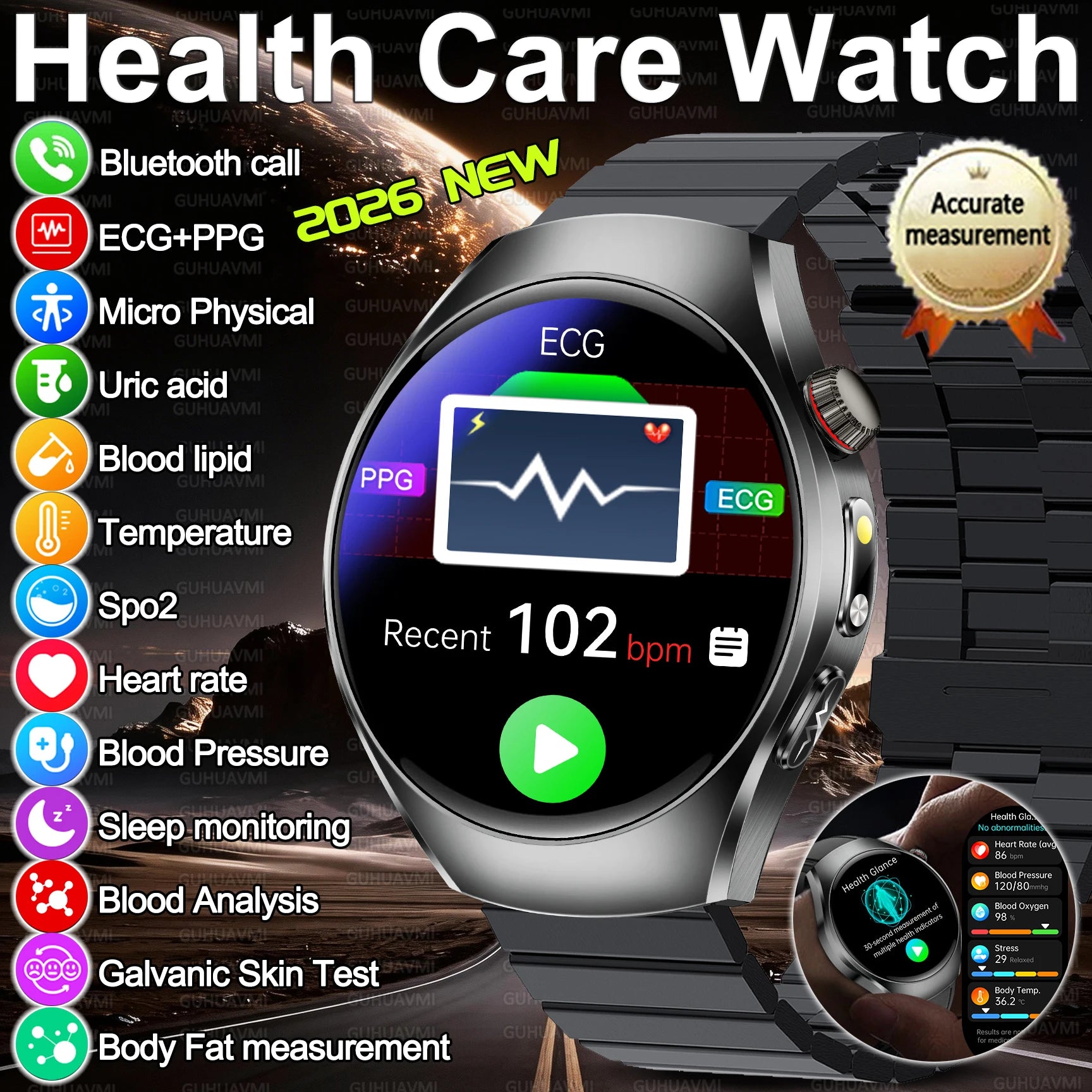 Health Smart Watch Bluetooth Call ECG+PPG BP Uric Acid Lipid 24h Heart Rate