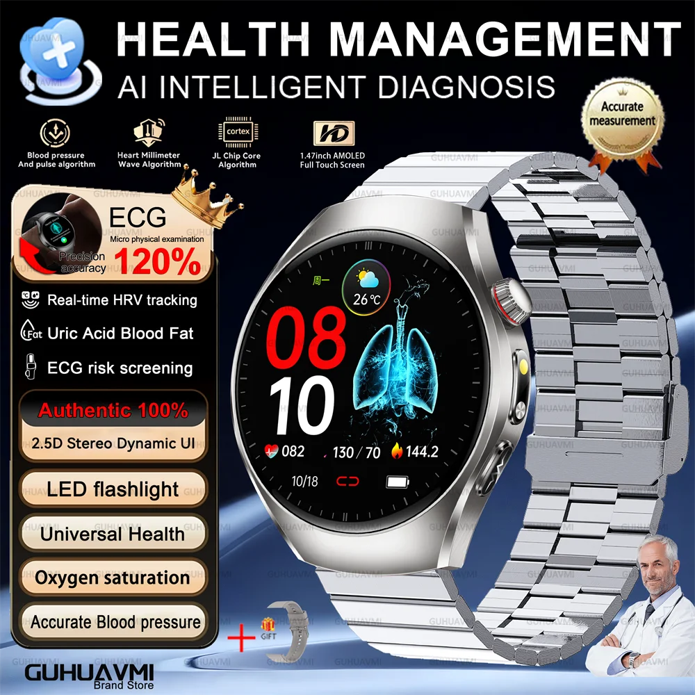 Health Smart Watch Bluetooth Call ECG+PPG BP Uric Acid Lipid 24h Heart Rate