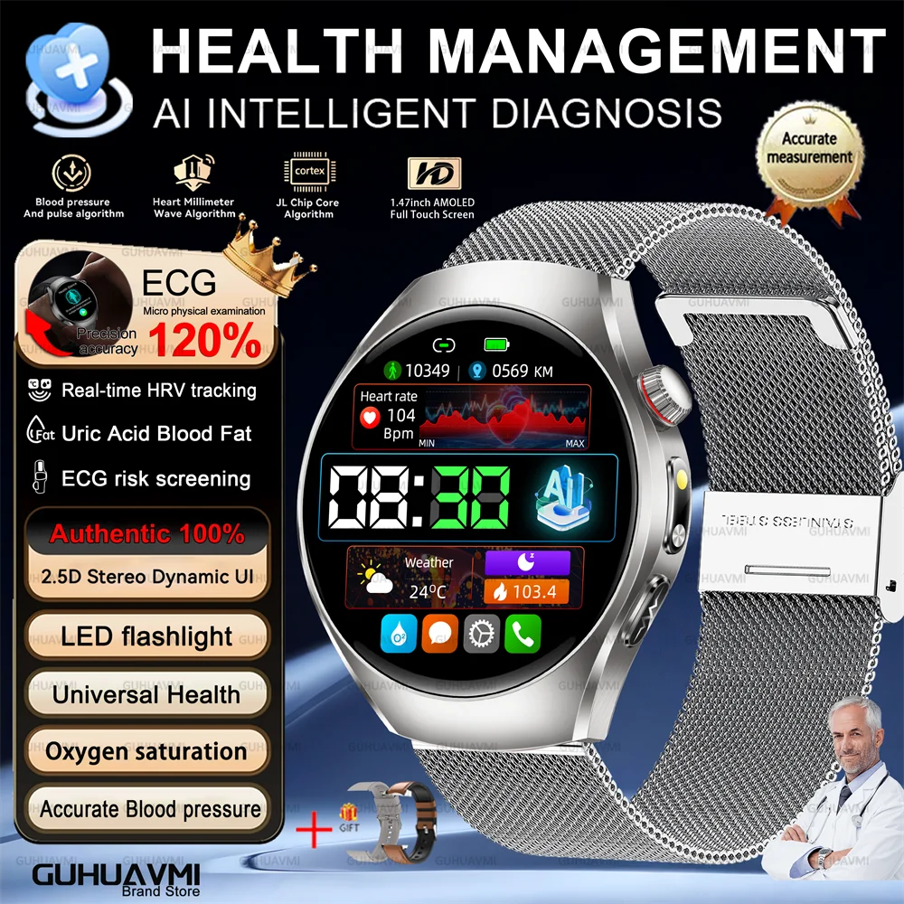 Health Smart Watch Bluetooth Call ECG+PPG BP Uric Acid Lipid 24h Heart Rate